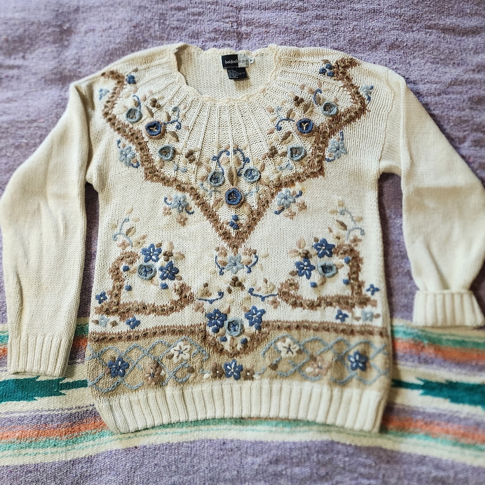 Vintage Beldoch Popper Knit Crochet Floral Sweater Size Medium